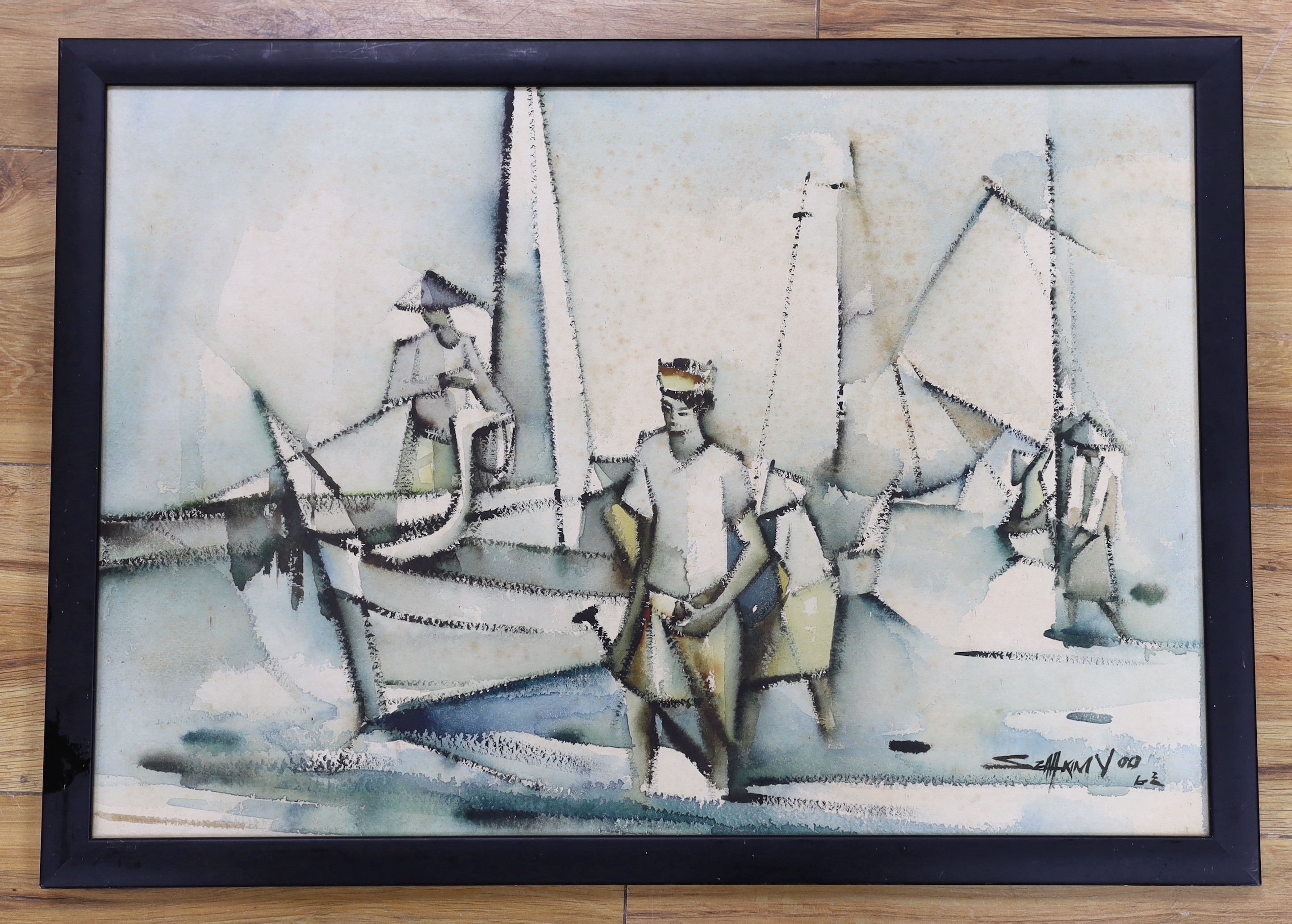 Seah Kim Joo (Singaporean b.1939) watercolour, Figures and sailing boats, signed and dated '62, 56 x 36cm